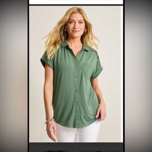 Tommy Bahama Women's DK Jade Green Shirt Kauai Hybrid Camp Tencel Small